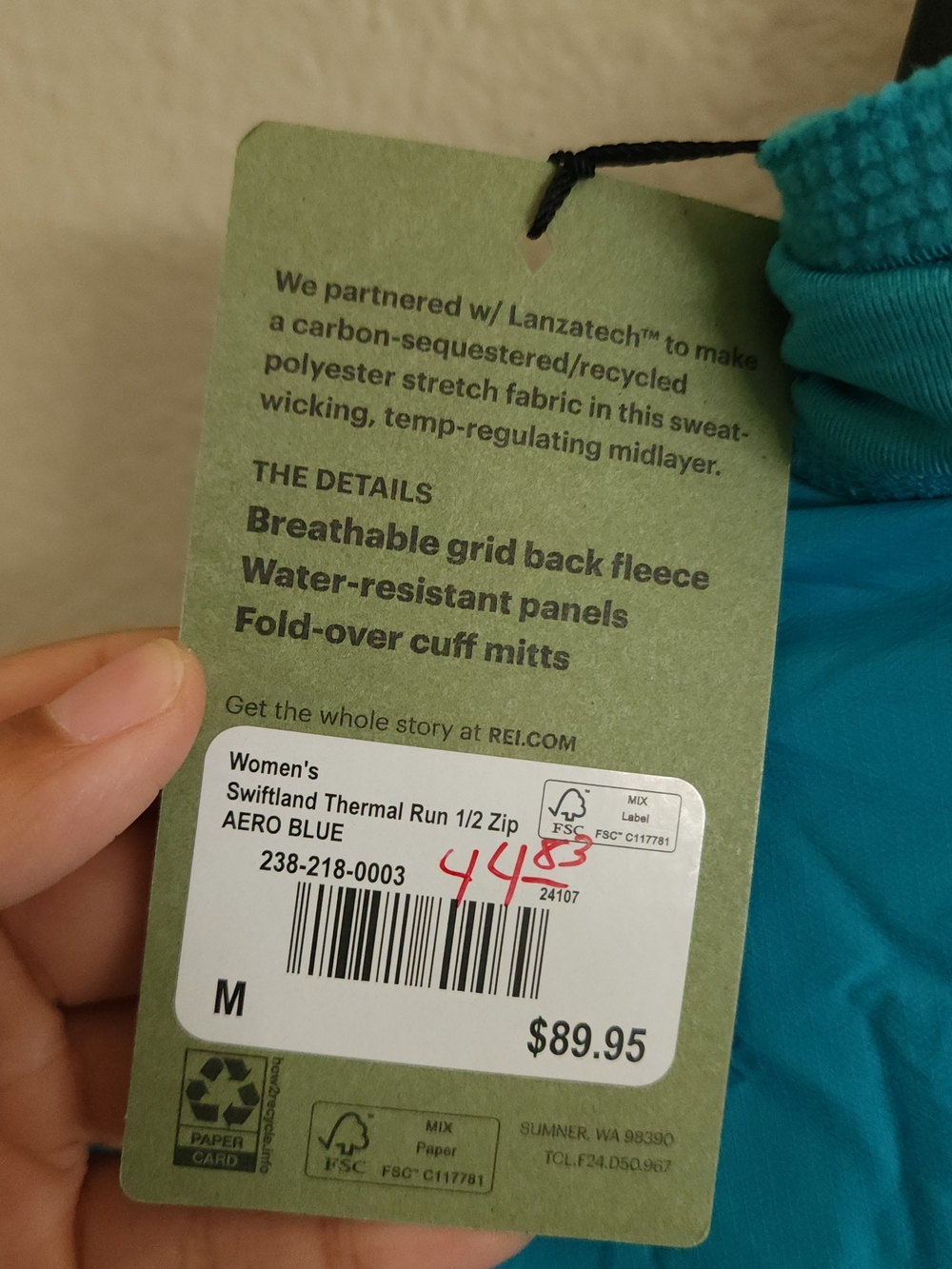 NWT REI Co-op Swiftland Thermal Running Half Zip Aero Blue Medium - Picture 9 of 10